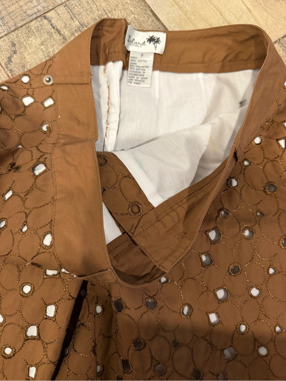 Island Republic Brown Eyelet 3/4 Blazer & Wide-Leg Capri Pants Set White Lining - Picture 9 of 10
